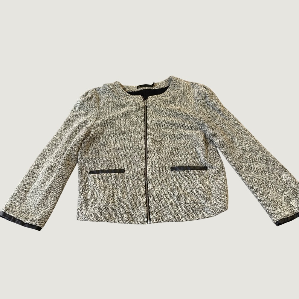 Noir Zip Front Jacket Size M Marled Knit Faux Leather Trim Collarless Grey Black